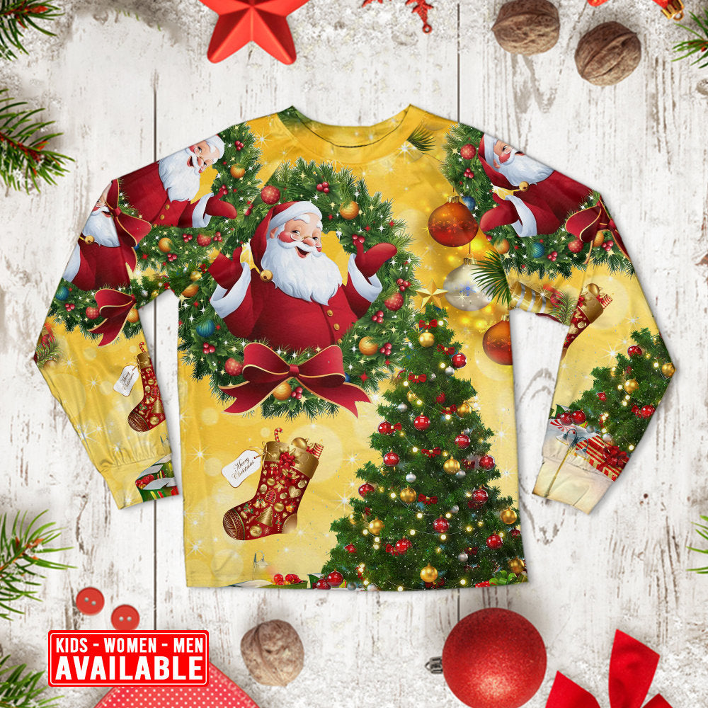 Santa And Golden Christmas Tree Long Sleeve Pajamas Set For Holiday Bedtime And Cozy Home Wear