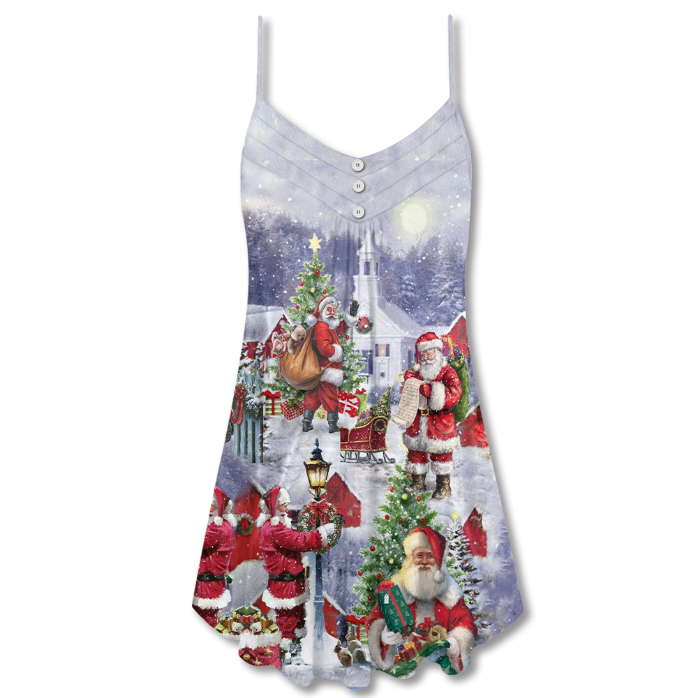 Christmas Santa Is Coming V-Neck Sleeveless Cami Dress For Festivals Travel And Relaxed Casual Summer Wear