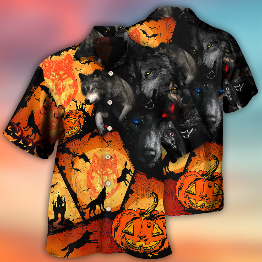 Wolf Halloween Pumpkin Scary Hawaiian Shirt Design Detail For Beach Days And Holiday Travel