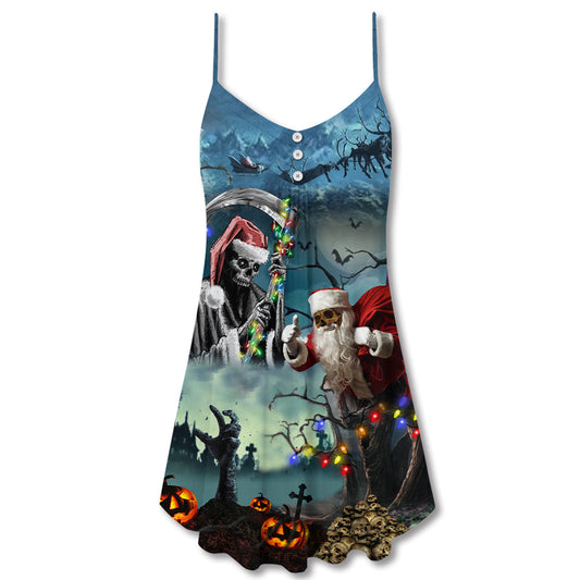 Christmas Santa Skull Holiday V-Neck Sleeveless Cami Dress For Festivals Travel And Relaxed Casual Summer Wear
