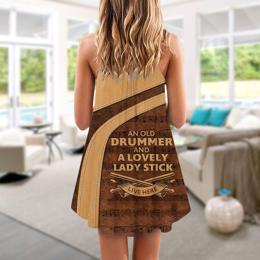 Vintage Drummer And Lady Art V-Neck Sleeveless Cami Dress For Vacations And Casual Warm Weather Wear