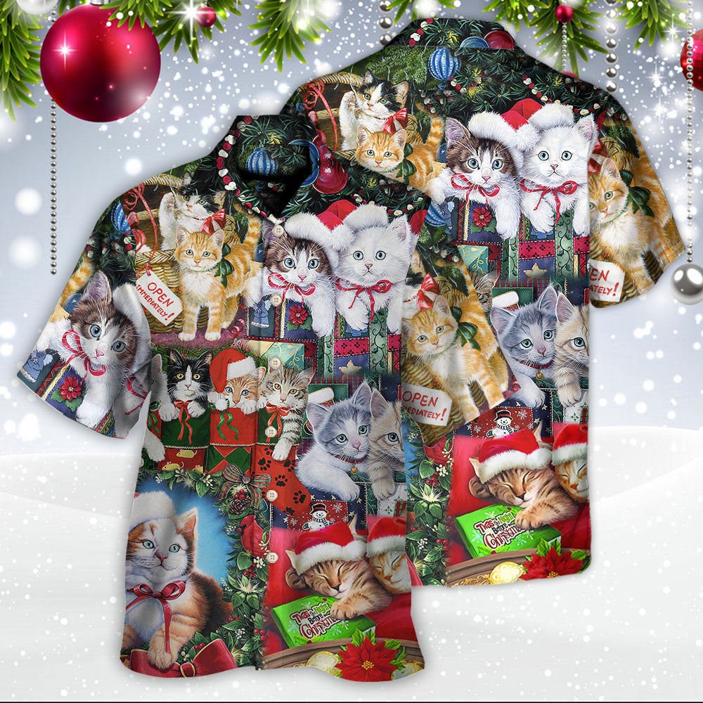 Festive Cat Christmas Tree Hawaiian Shirt Button Front Artwork For Weekend Trips