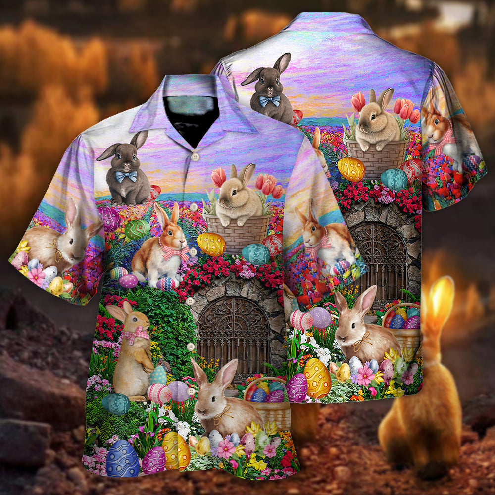 Watercolor Floral Easter Rabbit Relaxed Hawaiian Shirt Button Front Artwork For Outdoor Gatherings