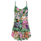Cat Is My Life Tropical Leaf V-Neck Sleeveless Cami Dress For Beach Trips And Relaxed Vacation Style