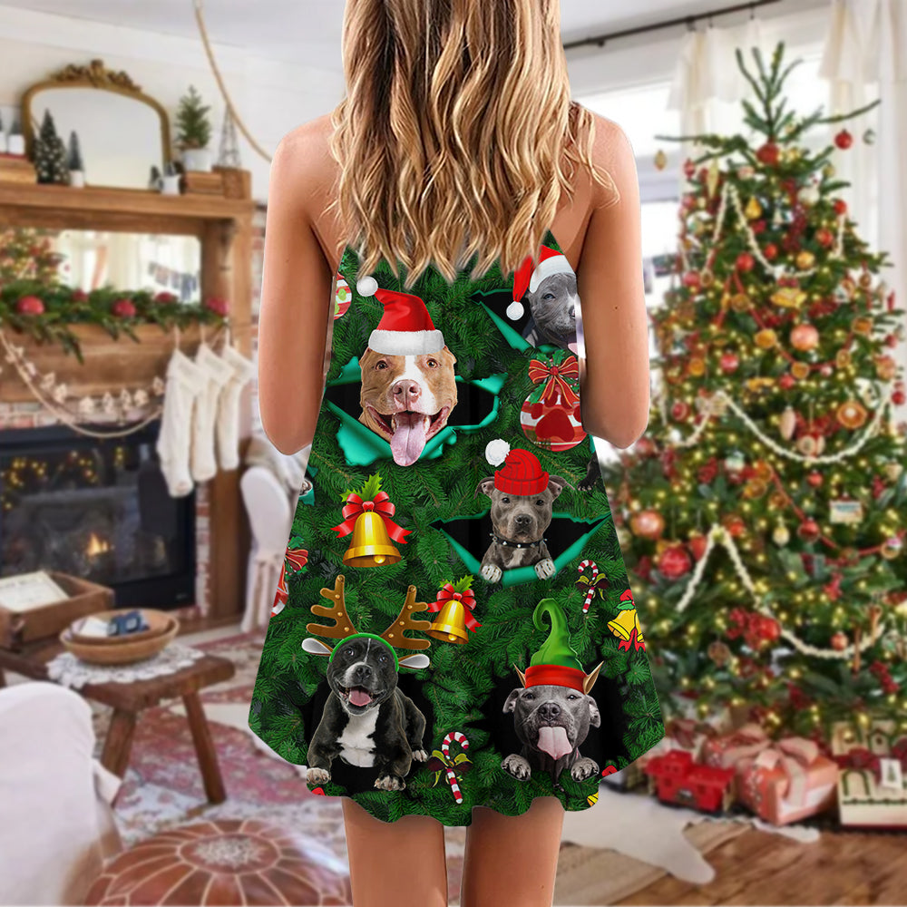 Dog Merry Pit Bull Christmas V-Neck Sleeveless Cami Dress For Festivals Travel And Relaxed Casual Summer Wear