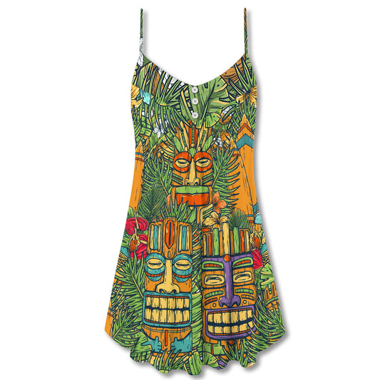 Tropical Tiki Mask Surf And Palms – Women's Summer Sleeveless V-Neck Camisole Dress