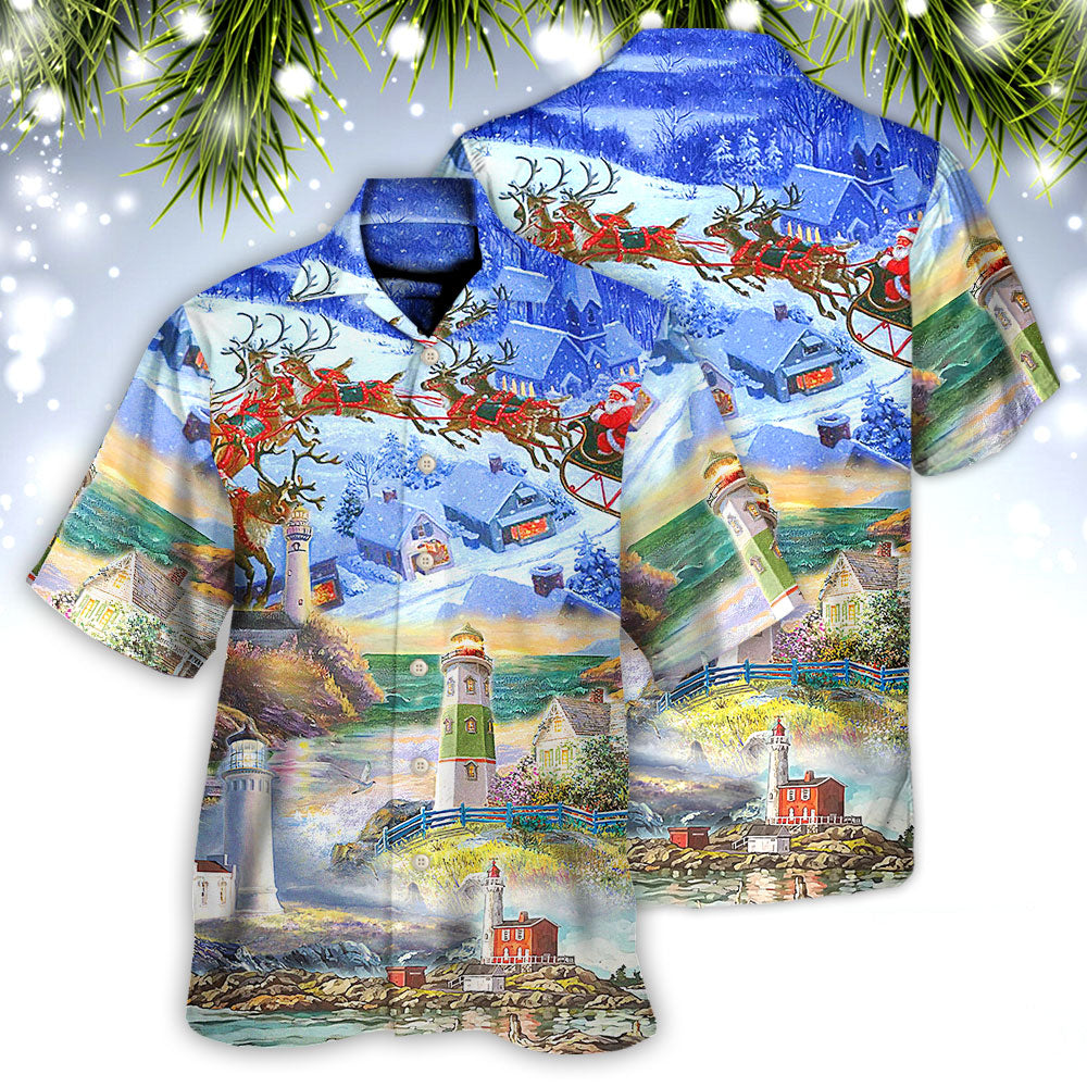Lighthouse Christmas Santa Hawaiian Shirt For Vacation Days And Relaxed Coastal Outings