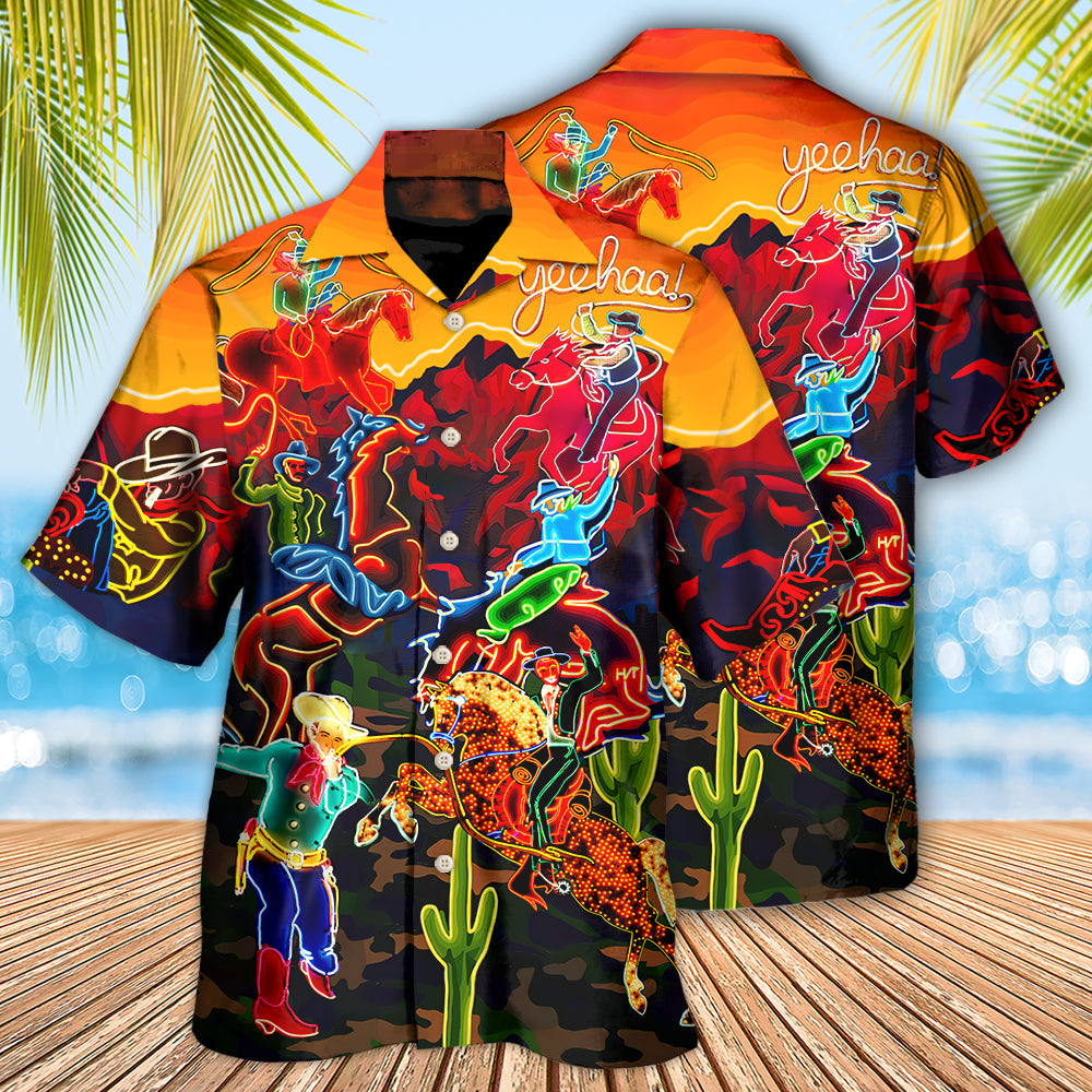Neon Horse Cowboy Riding Desert Hawaiian Shirt Artwork View For Coastal Escapes And Resort Style
