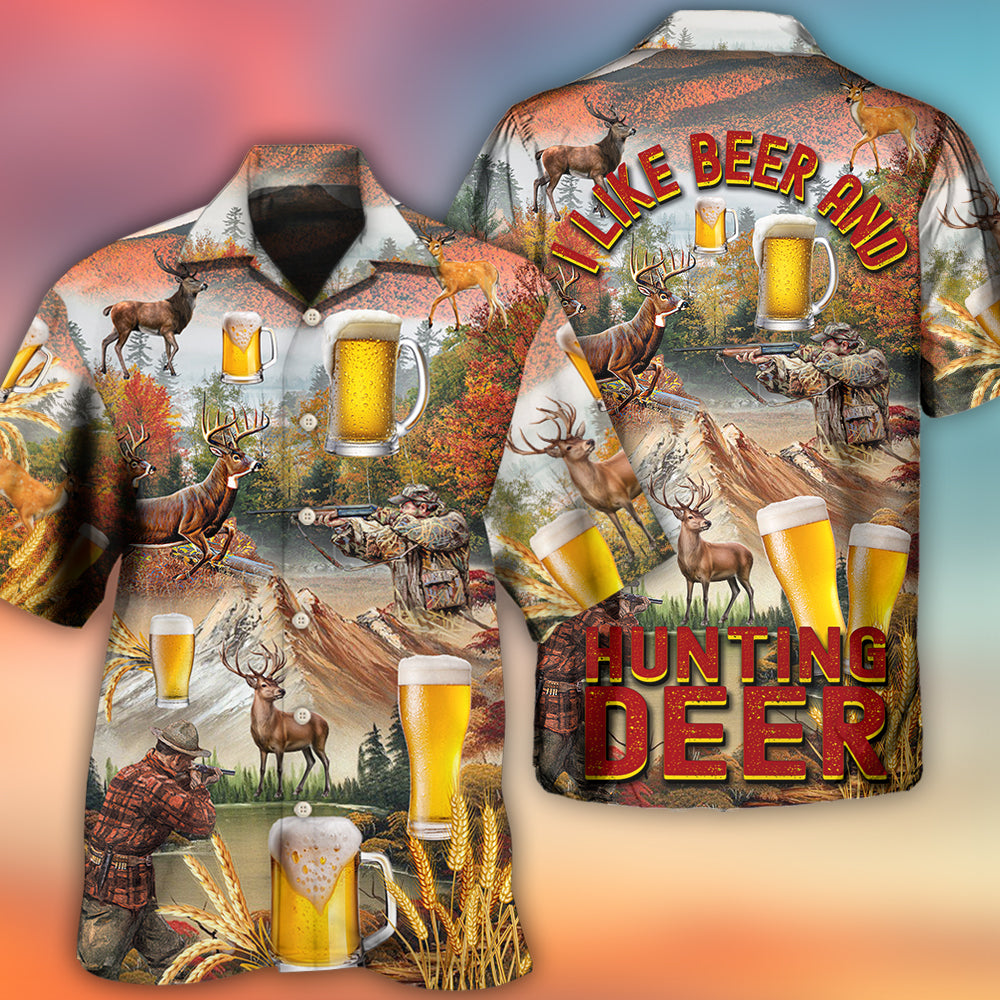 Deer Beer Hunting Autumn Mountain Hawaiian Shirt Design Detail For Sunny Adventures And Casual Wear