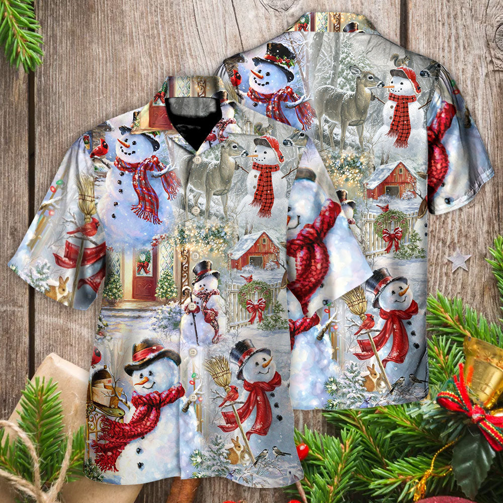 Festive Christmas Snowman Hawaiian Shirt Tropical Styling View For Warm Weather Events