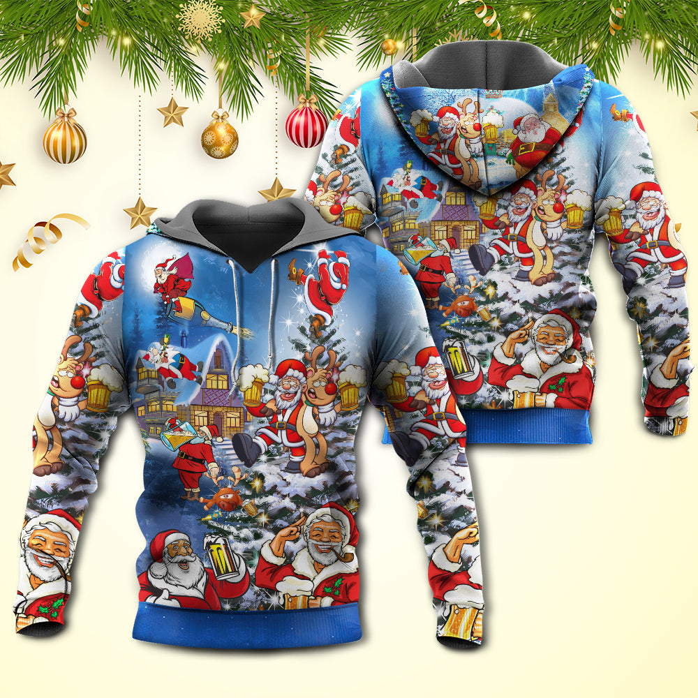 Funny Christmas Santa Drinking Beer Hoodie For Holiday Parties Weekend Outings And Cheerful Gift Giving