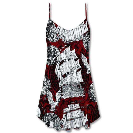 Vintage Sailing Ship Anchor Sea V-Neck Sleeveless Cami Dress For Festivals Travel And Relaxed Casual Summer Wear