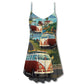 Hippie Van Beach Life V-Neck Sleeveless Cami Dress For Festivals Vacations And Relaxed Artistic Styling