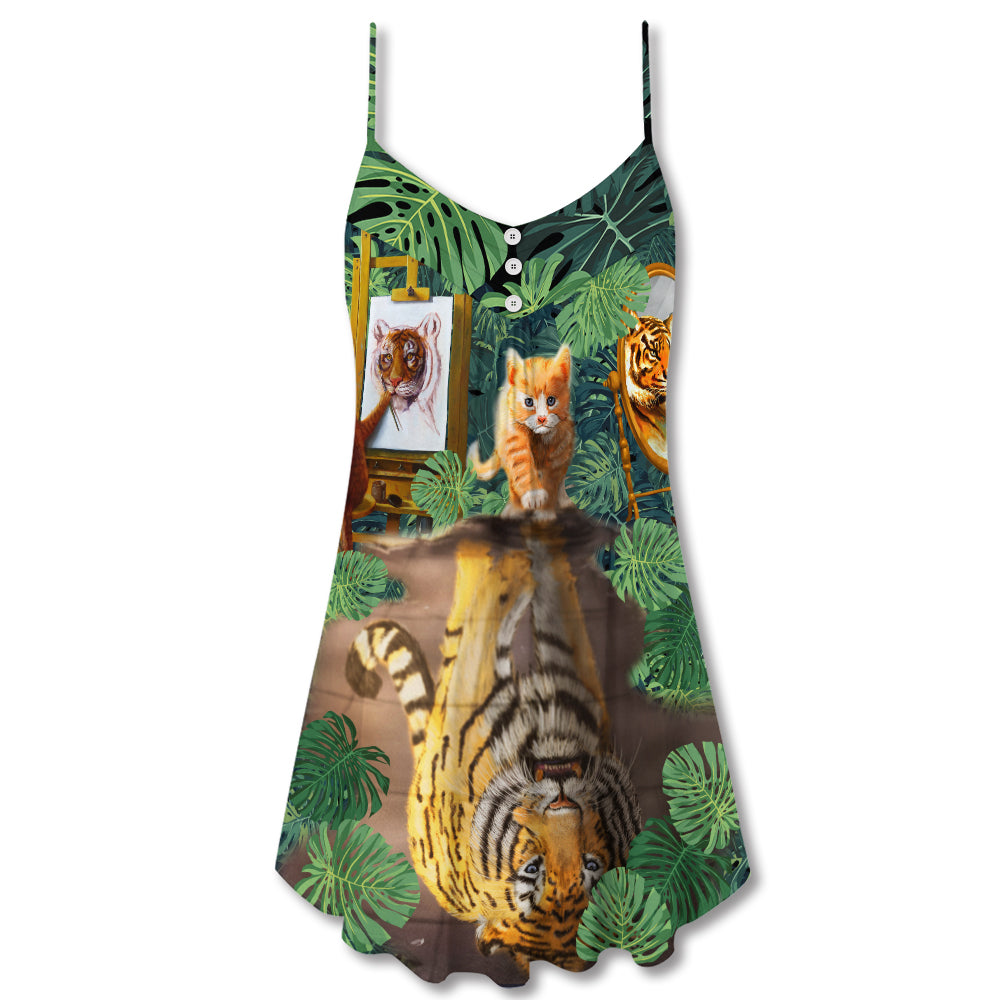 Cat And Tiger Tropical Leaves V-Neck Sleeveless Cami Dress For Vacations And Casual Warm Weather Wear