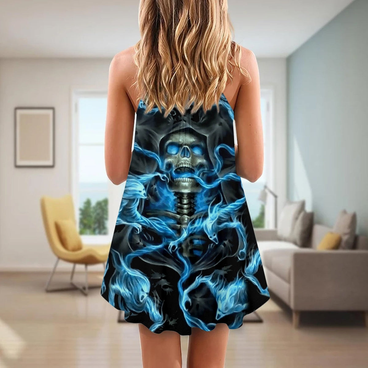 Skull Black Ground Blue V-Neck Sleeveless Cami Dress For Alternative Festivals And Bold Summer Style