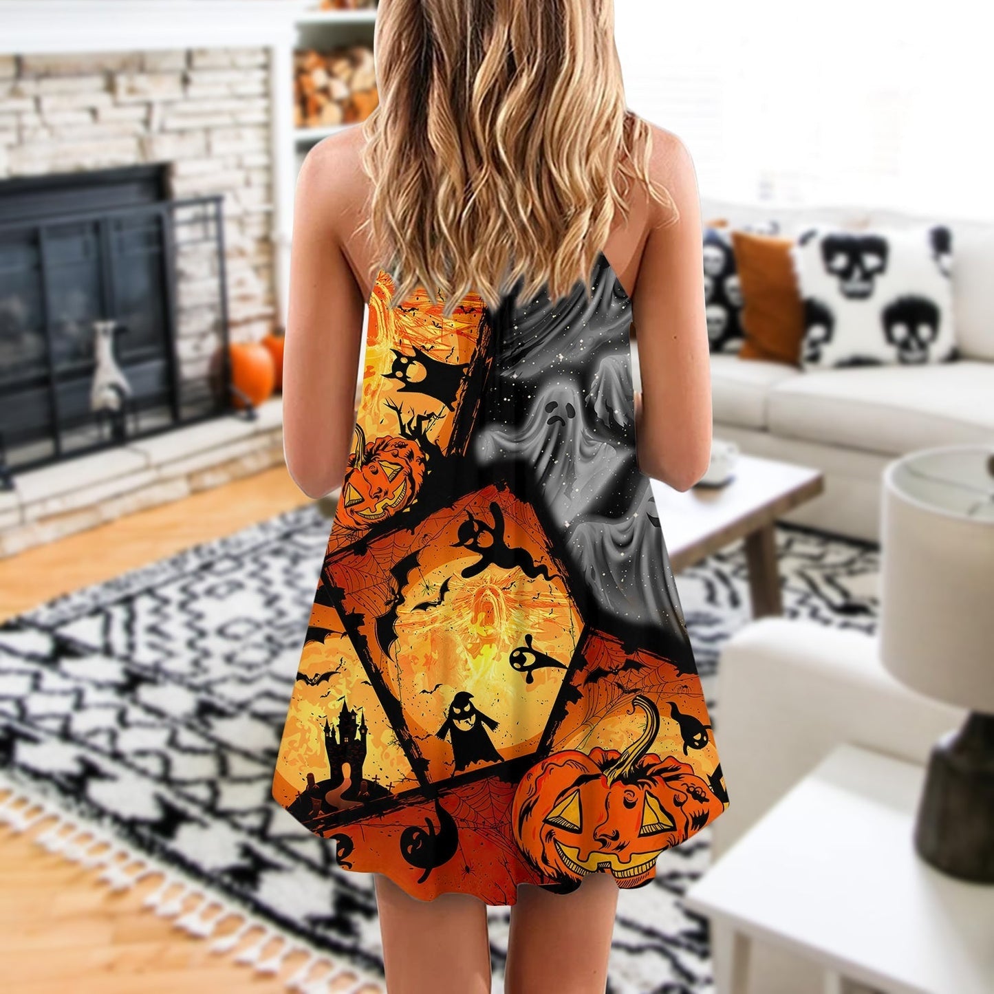 Halloween Ghost Pumpkin Night V-Neck Sleeveless Cami Dress For Festivals Travel And Relaxed Casual Summer Wear