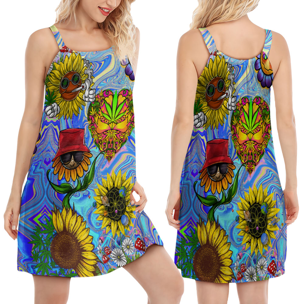 Hippie Sunflowers Trippy Mushroom V-Neck Sleeveless Cami Dress For Music Festivals And Thoughtful Boho Gifting