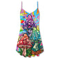 Hippie Mushroom Colorful Happy Life V-Neck Sleeveless Cami Dress For Vacations And Casual Warm Weather Wear