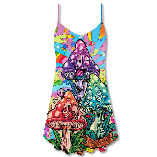 Hippie Mushroom Colorful Happy Life – Women's Summer Sleeveless V-Neck Camisole Dress