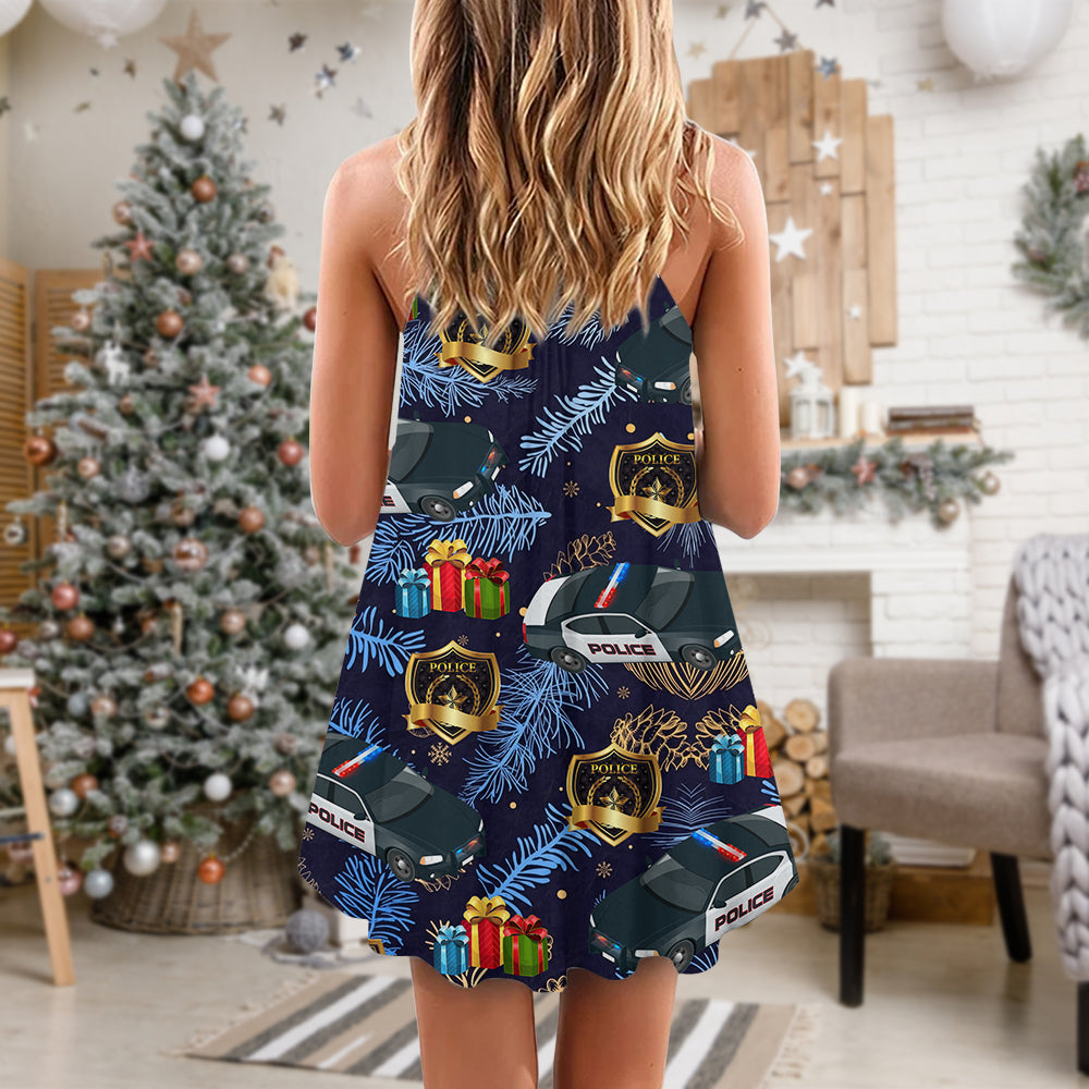 Police Christmas Pattern Merry Holiday V-Neck Sleeveless Cami Dress For Vacations And Casual Warm Weather Wear