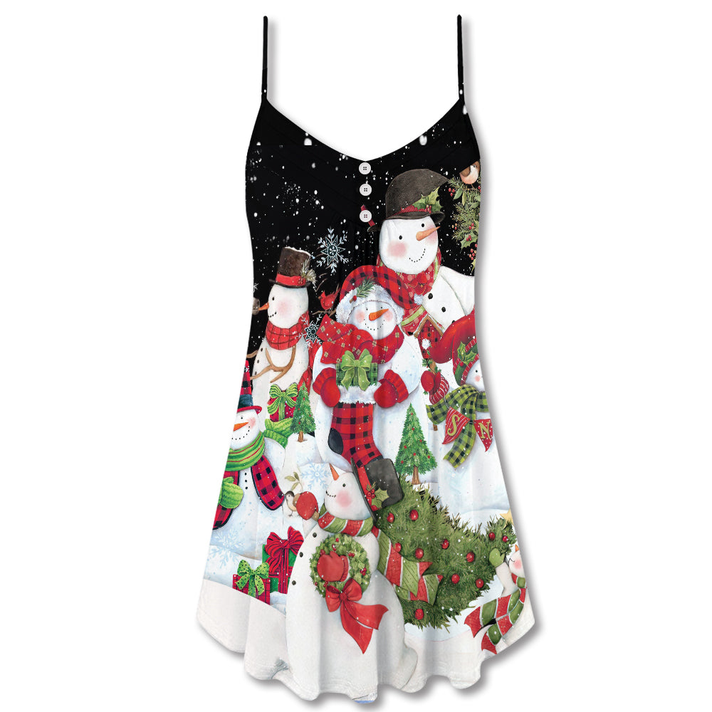 Cute Snowman Cardinal V-Neck Sleeveless Cami Dress For Holiday Parties And Relaxed Vacation Wear