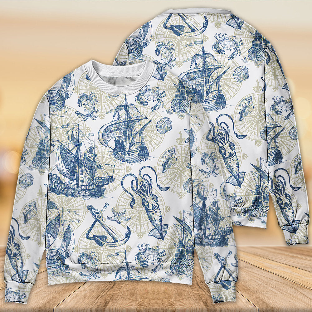 Vintage Sailboat Sea Monster Map Sweater For Nautical Adventures Travel Events And Thoughtful Gifting