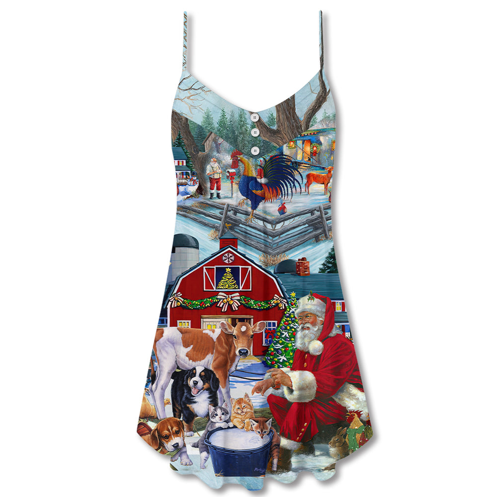 Christmas Santa Love Animals V-Neck Sleeveless Cami Dress For Festivals Travel And Relaxed Casual Summer Wear