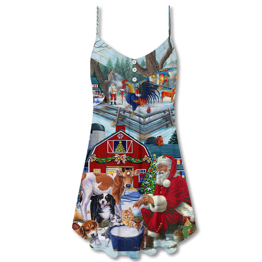 Christmas Santa Love Animals V-Neck Sleeveless Cami Dress For Festivals Travel And Relaxed Casual Summer Wear
