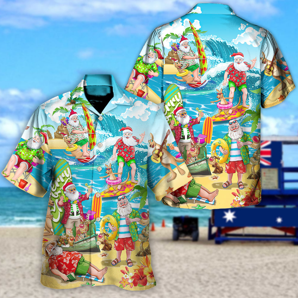 Summer Christmas July Santa Surfing Beach Hawaiian Shirt For Winter Celebrations, Beach Travel, And Relaxed Holiday Wear