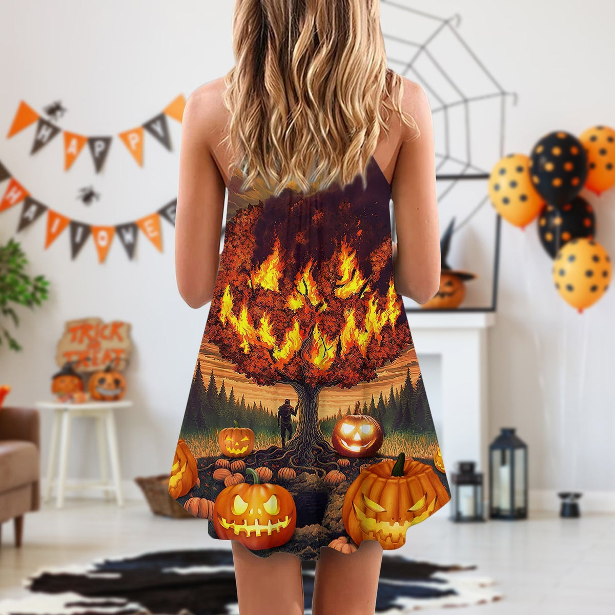 Halloween Burning Pumpkin Style V-Neck Sleeveless Cami Dress For Festivals Travel And Relaxed Casual Summer Wear