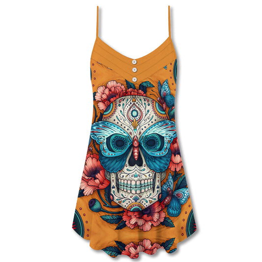 Skull And Butterfly Vintage Abstract – Women's Summer Sleeveless V-Neck Camisole Dress