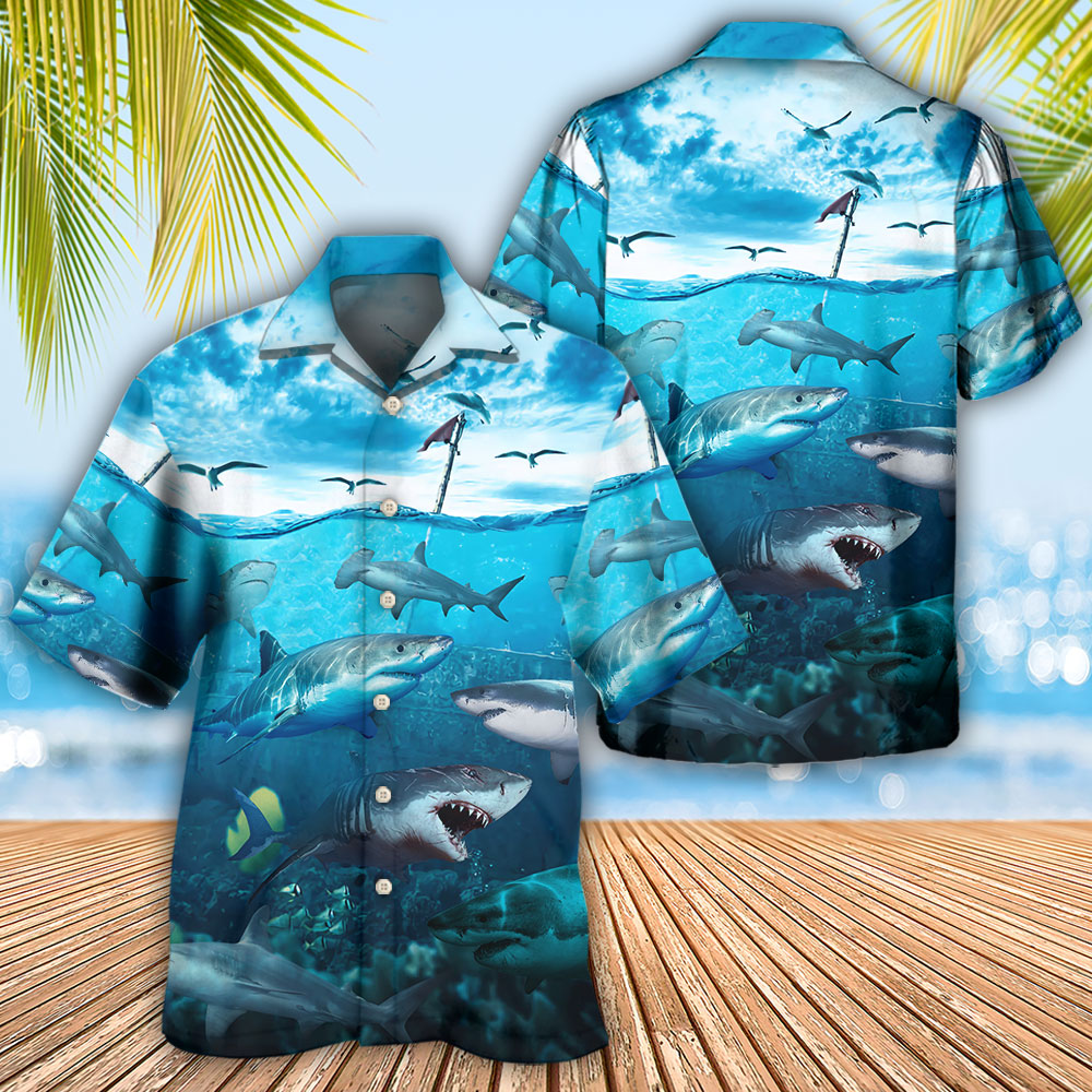 Shark Undersea Darkness Moody Hawaiian Shirt Tropical Styling View For Warm Weather Events