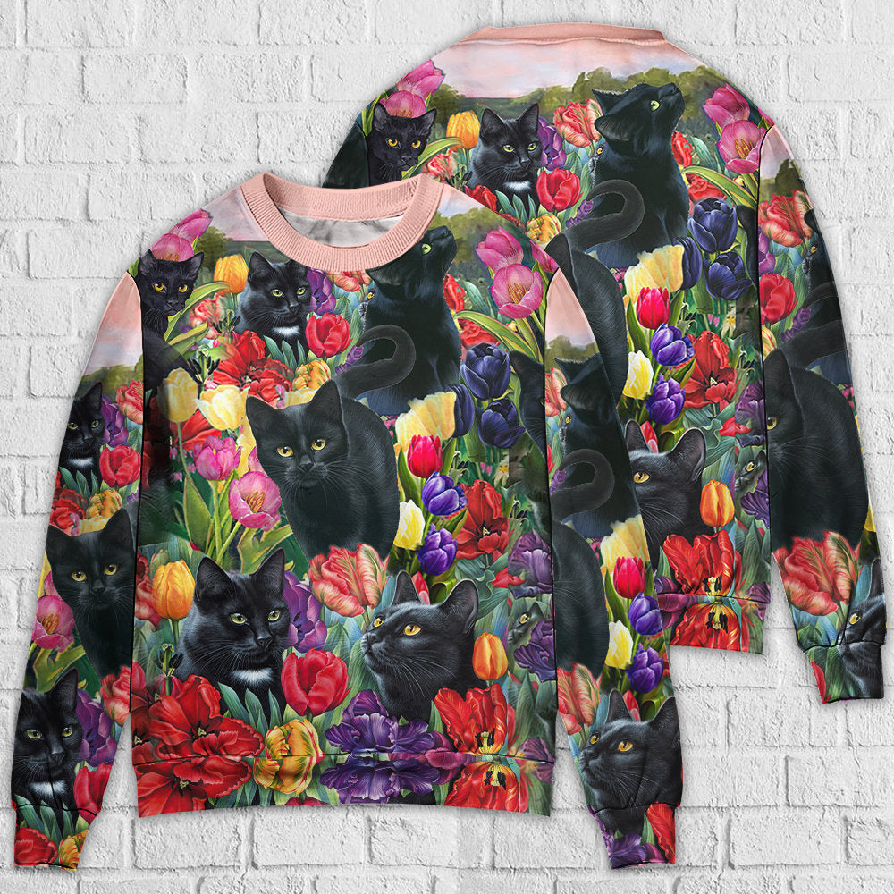 Black Cat Colorful Flowers Sweater For Animal Lovers Casual Wear Holidays And Thoughtful Gifting