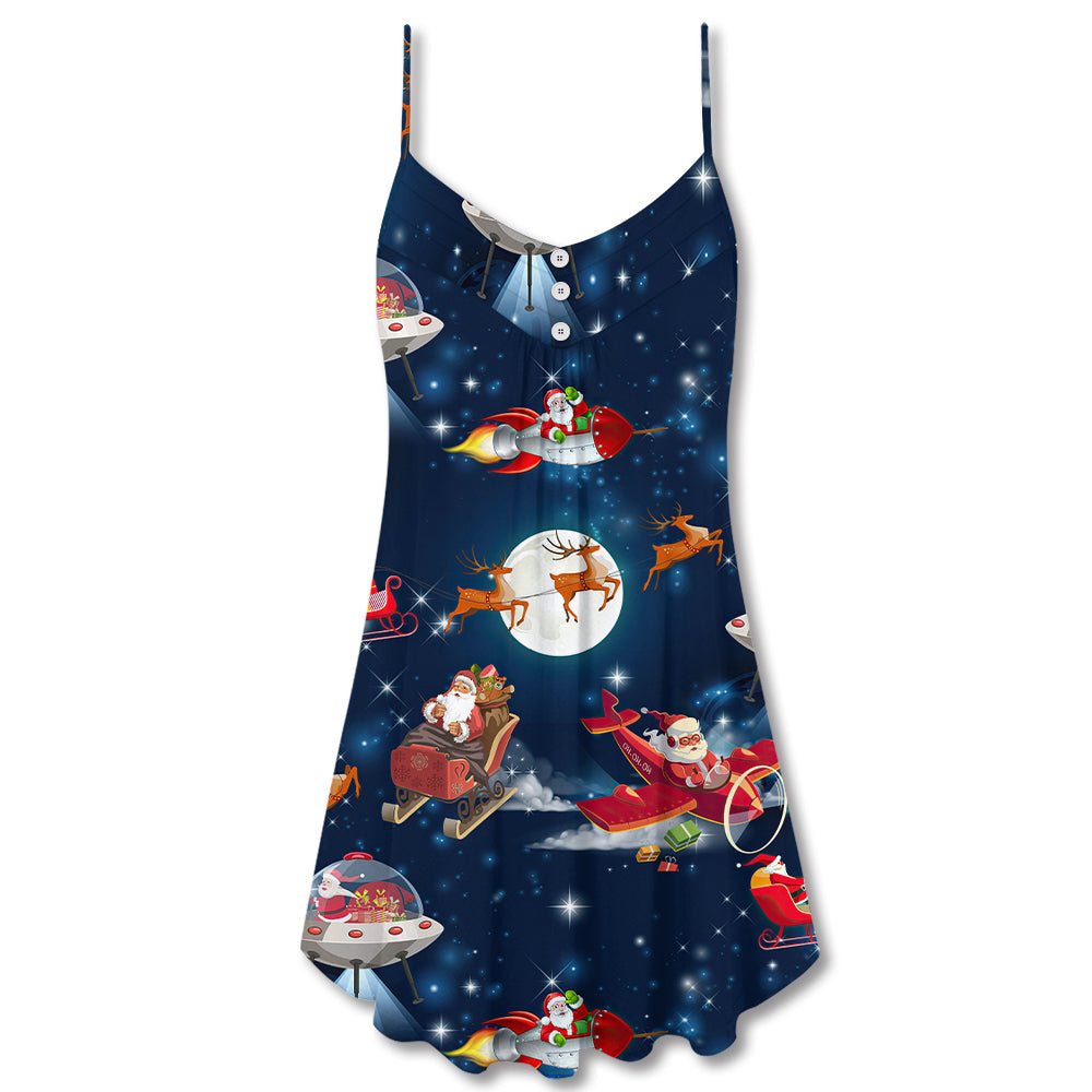 Christmas Astronaut Santa Theme V-Neck Sleeveless Cami Dress For Festive Events And Casual Summer Styling
