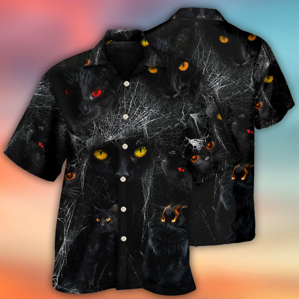 Black Dark Cat Halloween Night Hawaiian Shirt Design View For Casual Summer Styling