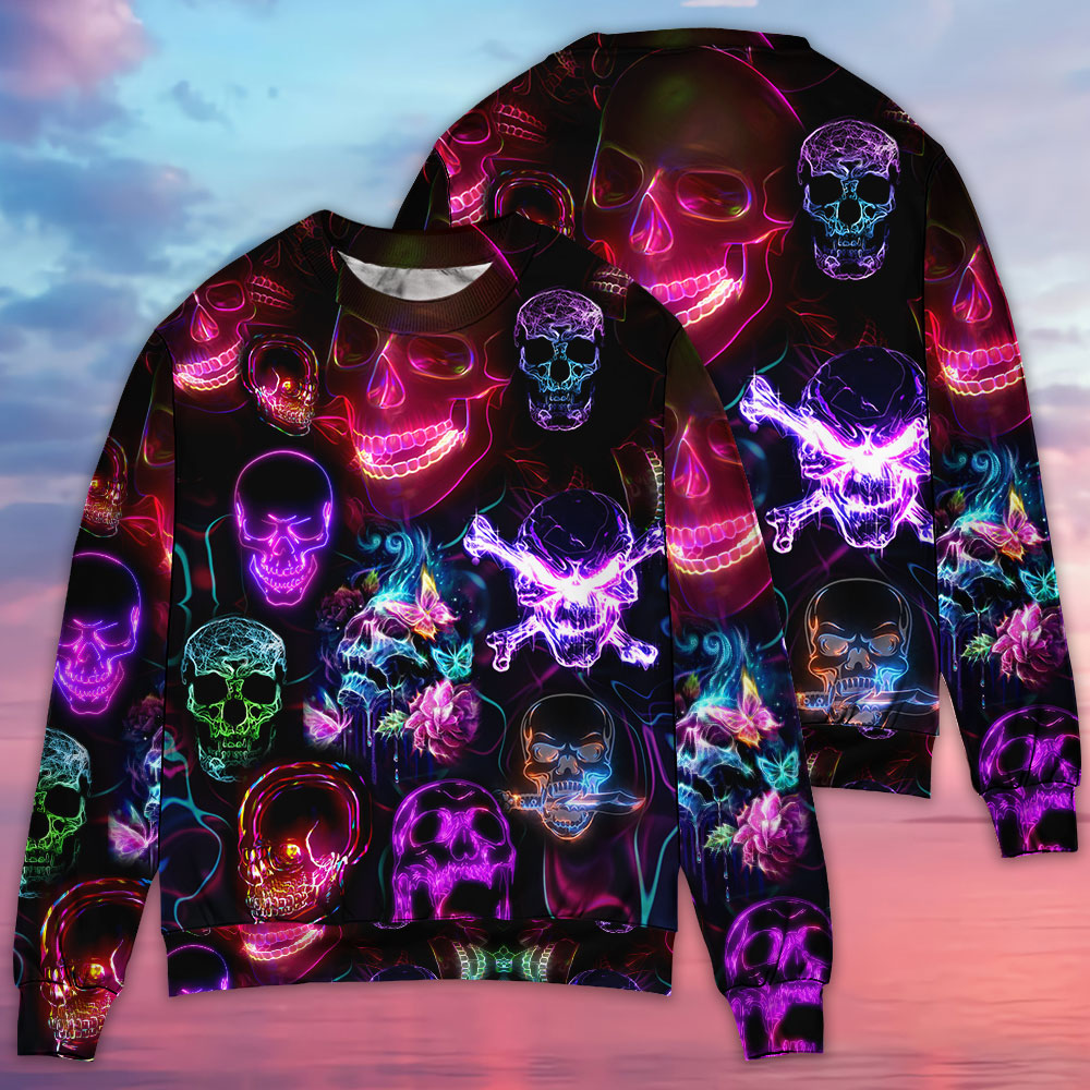 Skull Neon Happy Holiday Sweater For Winter Celebrations Family Events And Relaxed Seasonal Styling