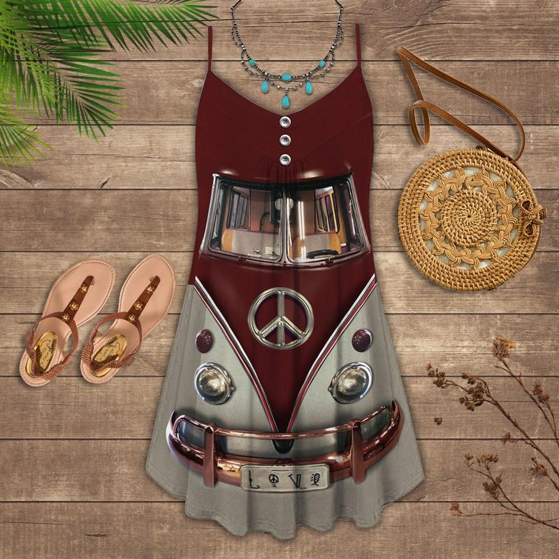 Artistic Hippie Van Retro V-Neck Sleeveless Cami Dress For Boho Festivals And Relaxed Summer Style