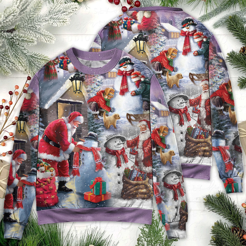 Christmas Santa Building Snowman Gift Sweater For Holiday Parties Family Gatherings And Seasonal Gift Giving