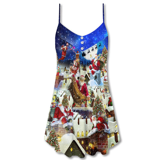 Christmas Rooftop Santa Busy Night V-Neck Sleeveless Cami Dress For Festive Events And Casual Summer Styling