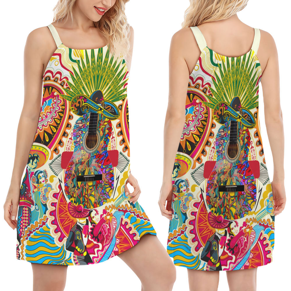 Hippie Peaceful Spirit Love Guitar V-Neck Sleeveless Cami Dress For Boho Festivals And Relaxed Summer Style