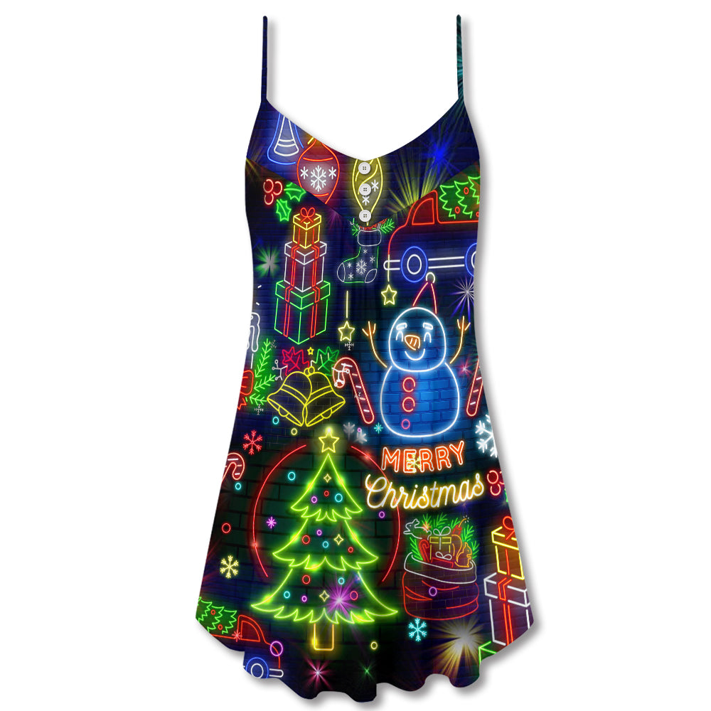Christmas Bright Neon Lights V-Neck Sleeveless Cami Dress For Festive Events And Casual Summer Styling