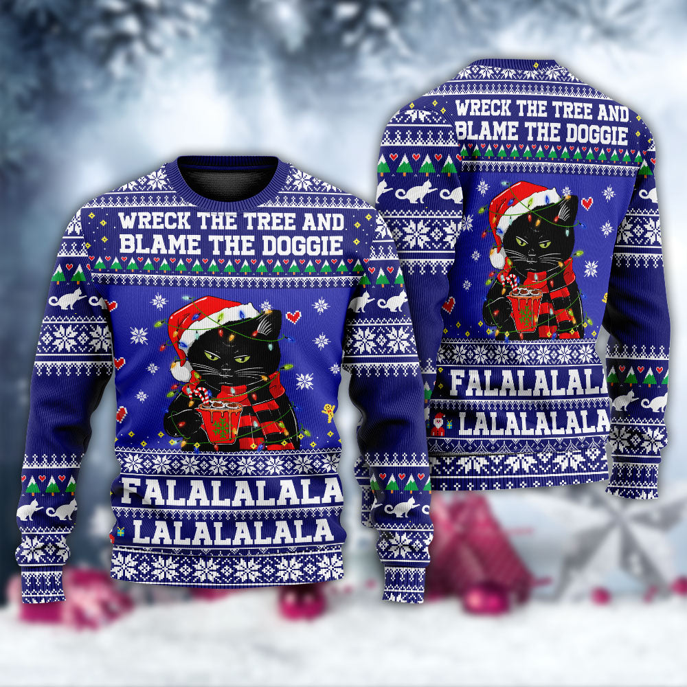Black Cat Wrecks Tree Funny Holiday Sweater For Holiday Parties Family Gatherings And Seasonal Gift Giving