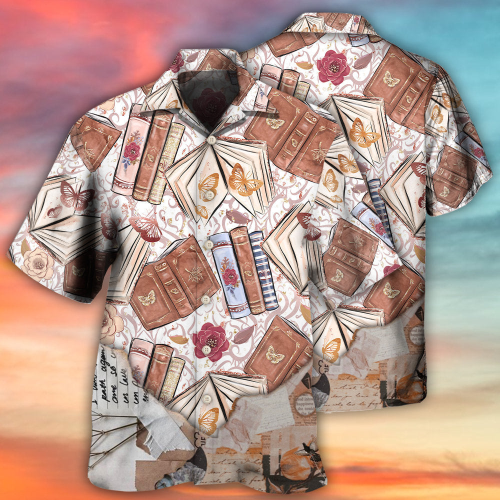 Floral Butterfly Book Hawaiian Shirt Pattern Detail For Vacation Travel And Daily Wear