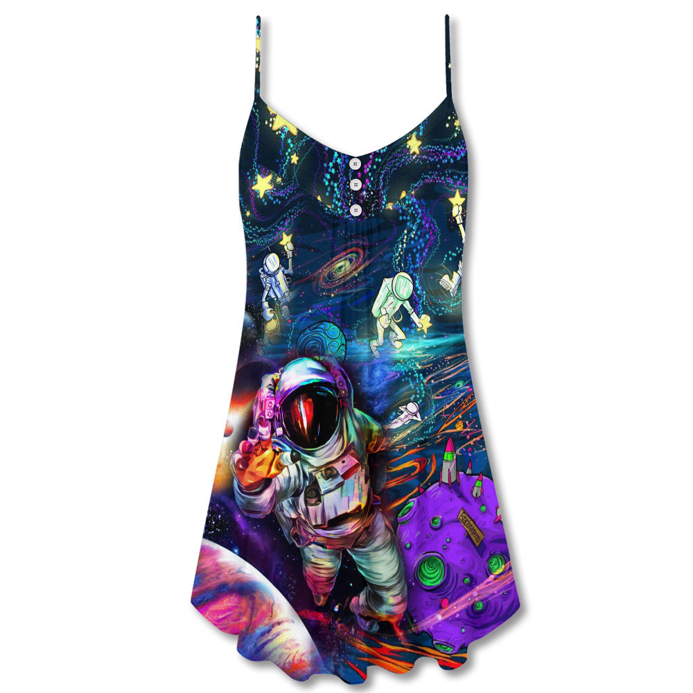 Hippie Galaxy Peace Life V-Neck Sleeveless Cami Dress For Festivals Vacations And Relaxed Artistic Styling