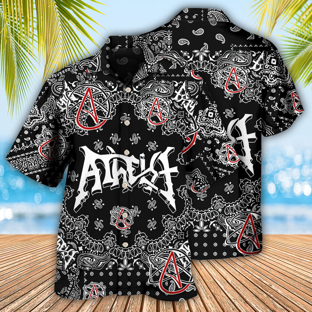Black White Atheist Paisley Hawaiian Shirt Pattern View For Relaxed Warm Weather Outfits
