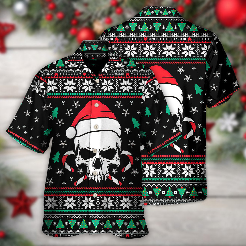 Skull Christmas Wearing Hat Sweat Candy Hawaiian Shirt Artwork Detail For Resort Trips And Outdoor Activities