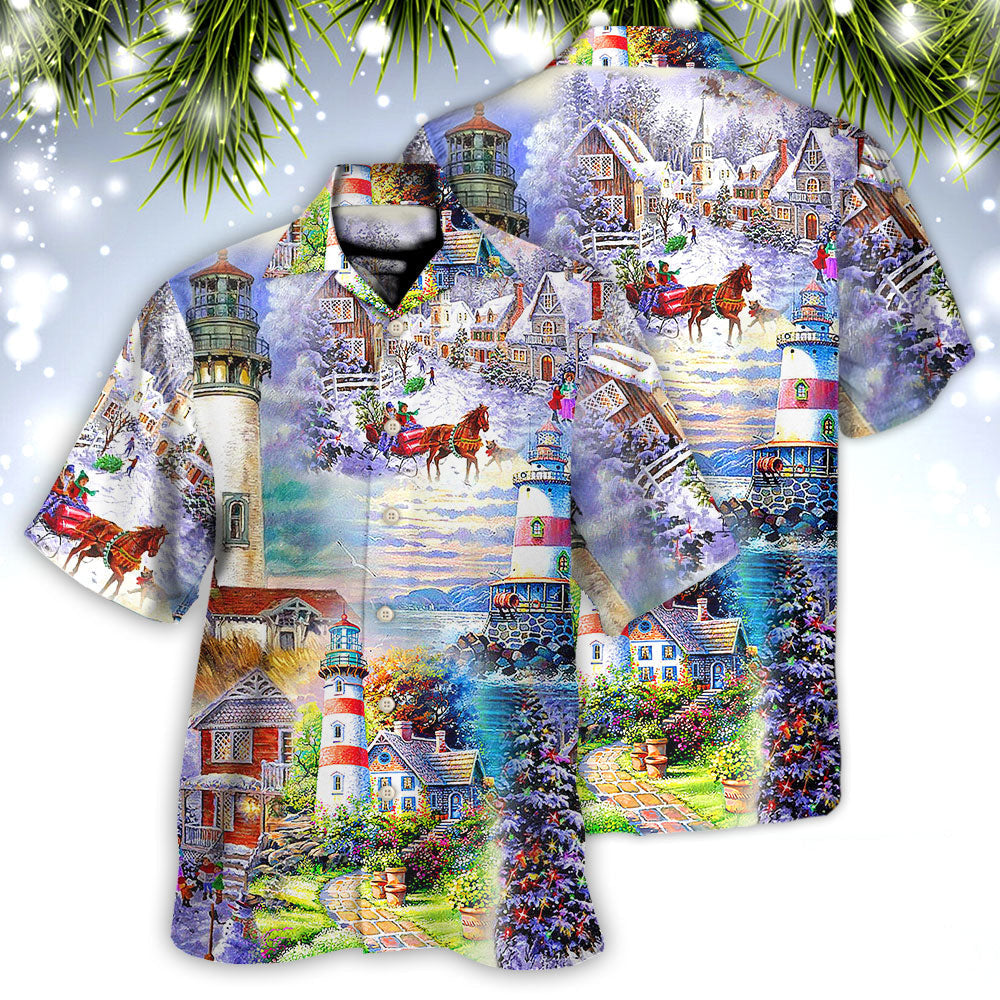 Lighthouse Christmas Santa Storm Hawaiian Shirt Artwork Detail For Tropical Trips And Casual Outings