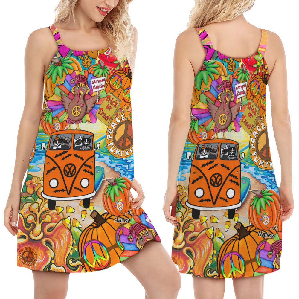 Hippie Pumpkins Bus Colorful V-Neck Sleeveless Cami Dress For Boho Festivals And Relaxed Summer Style