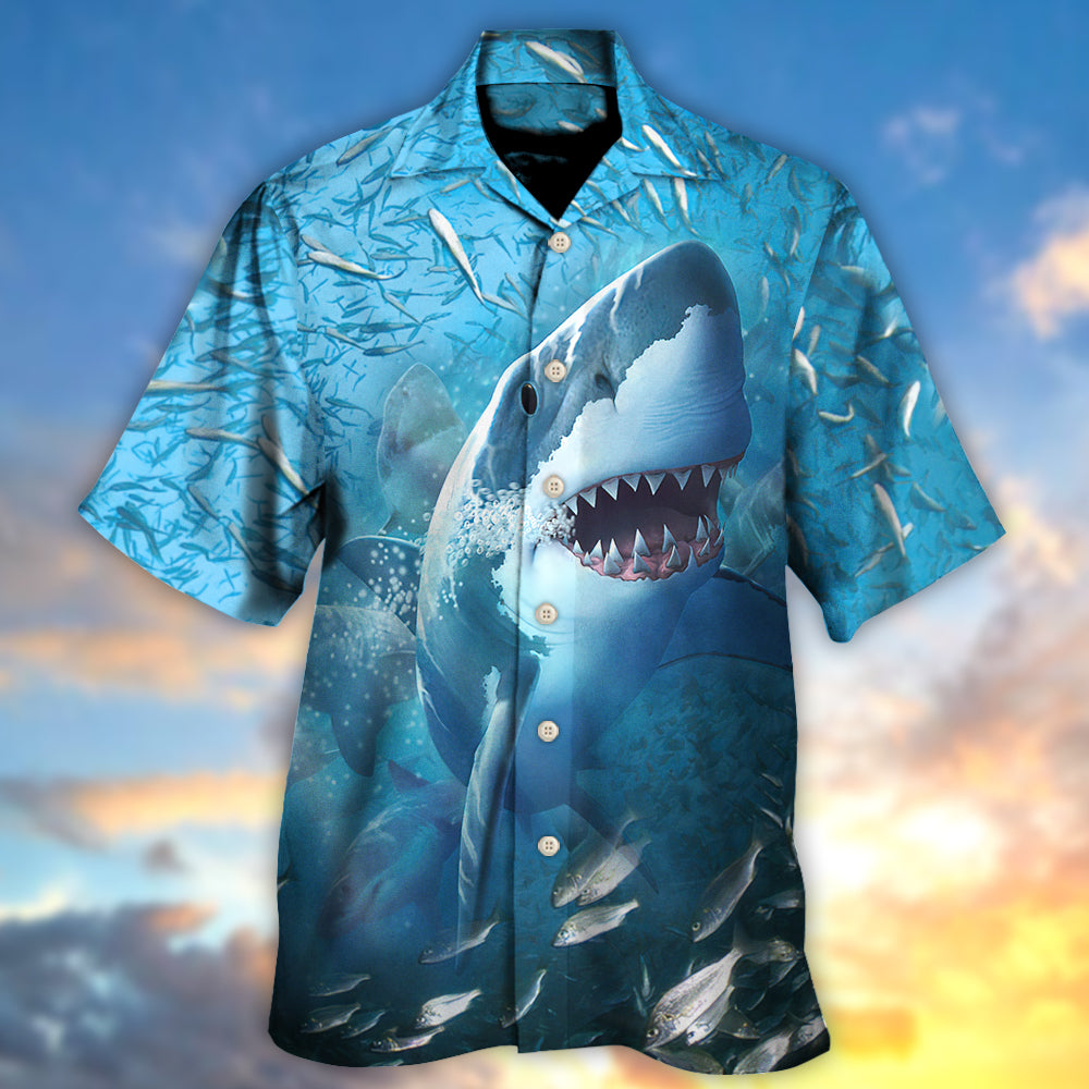 Shark Swims Baitfish Shoal Hawaiian Shirt Artwork View For Weekend Travel And Beach Style