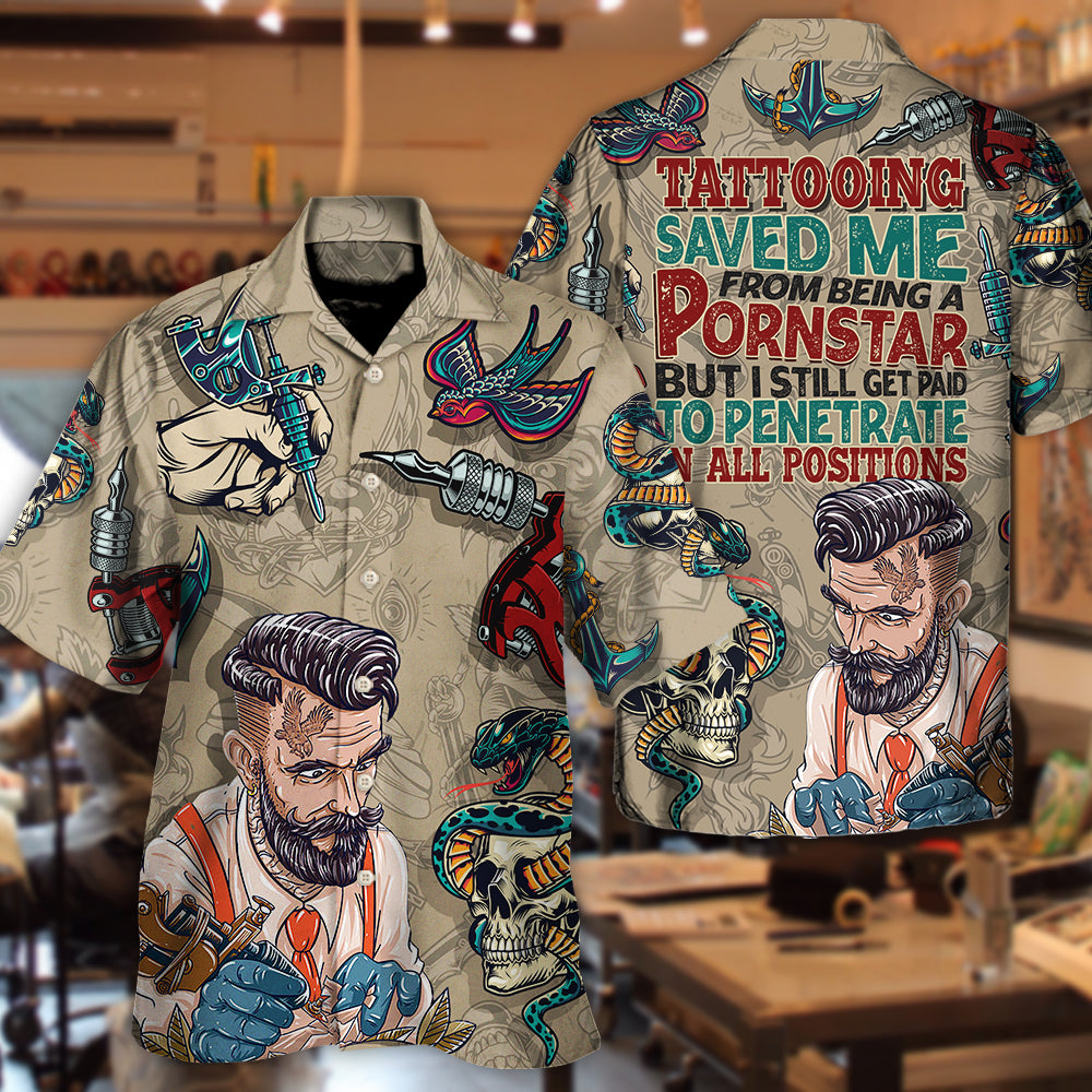 Funny Vintage Tattooing Hawaiian Shirt Artwork Detail For Resort Trips And Outdoor Activities